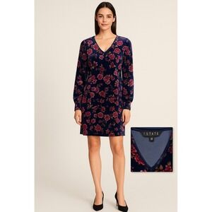 1.STATE Navy Velvet Floral Shift Dress V-Neck Long Sleeve Size M